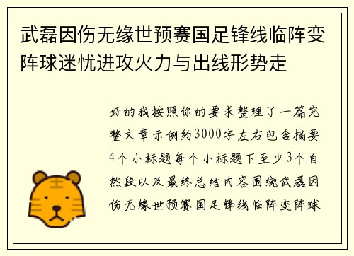 武磊因伤无缘世预赛国足锋线临阵变阵球迷忧进攻火力与出线形势走