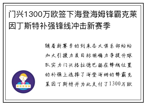 门兴1300万欧签下海登海姆锋霸克莱因丁斯特补强锋线冲击新赛季 门兴1300万欧签下海登海姆锋霸克莱因丁斯特补强锋线冲击新赛季